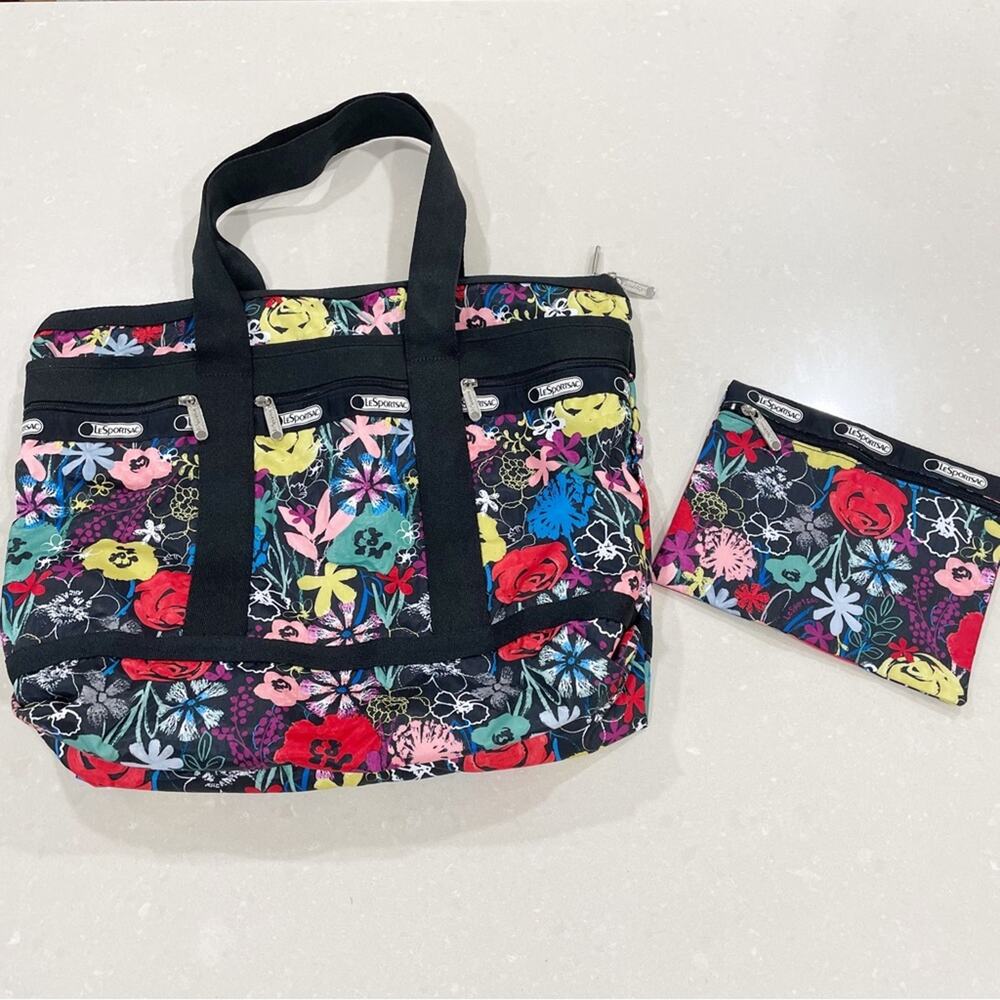 LeSportsac Lush Medium Travel Tote and Pouch Bag Set Black Multicolored Floral